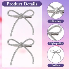 2 Pcs Bow Hair Clips Rhinestone Hair Accessories Silver Hair Bows Women Crystal