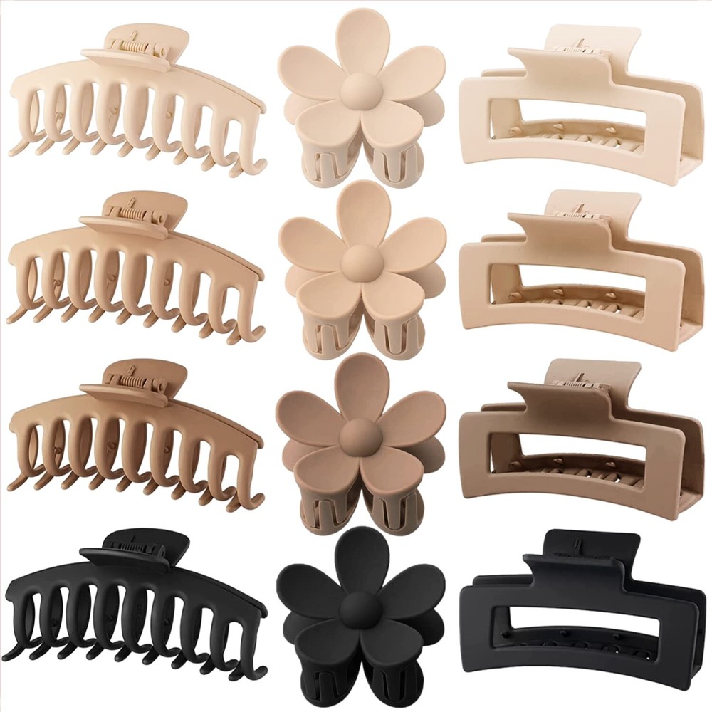 Versatile 12 Large Hair Clips – Non-Slip Matte Claw Clips in Neutral Colors