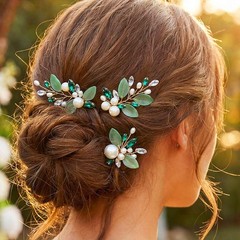 3 PCS Pearl Bride Wedding Hair Pins Gold Leaf Green Crystal Accessories