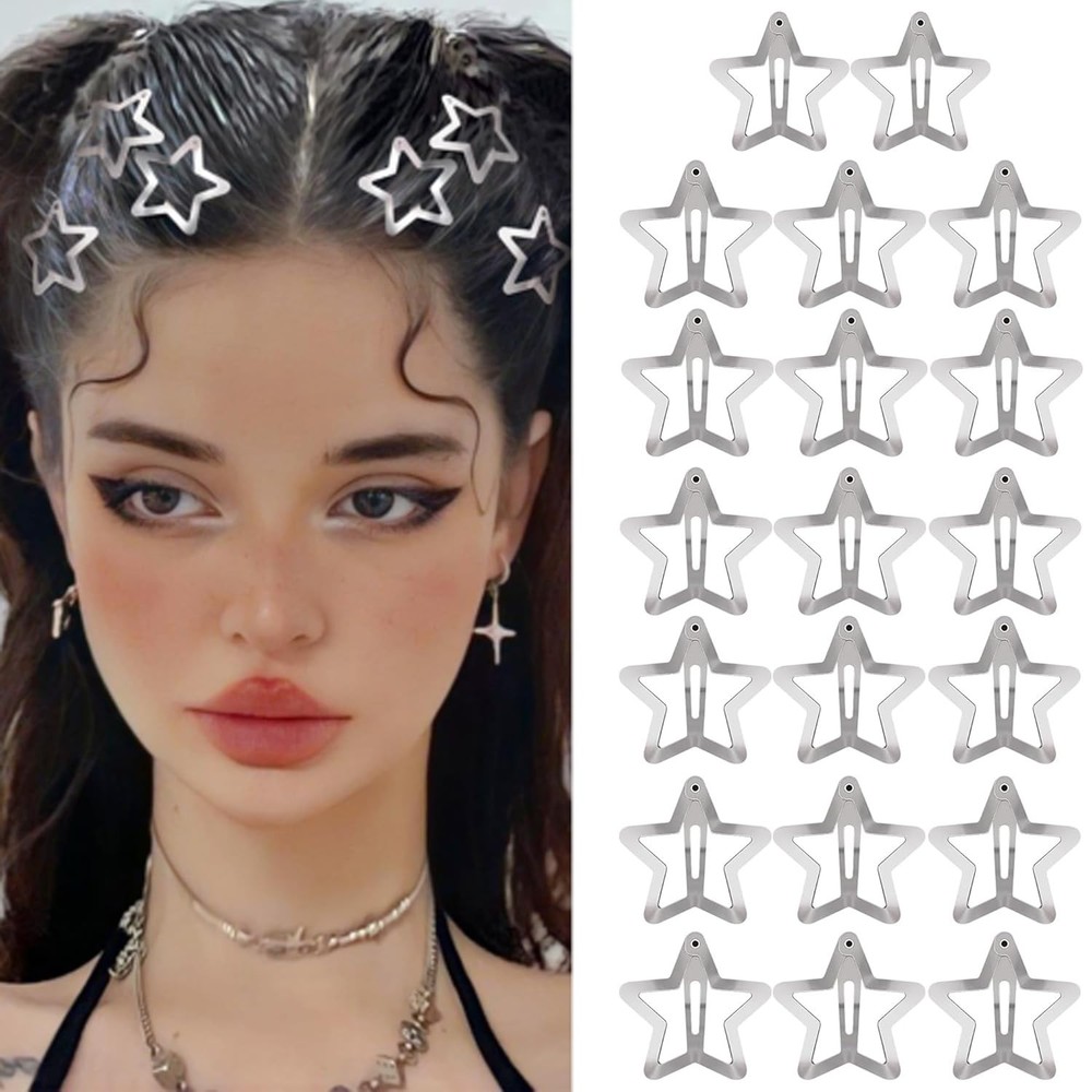 20 PCS Star Snap Hair Clips Silver Y2K 2000s Non Slip Women Girls 1.22 Inch
