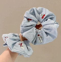 2pcs Blue Striped Cherry Bow Scrunchie Soft Hair Tie Korean Style – NEW