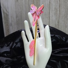 Handmade Delicate Gold and Pink Butterfly Hair Stick w/ Wings and Crystal 7″ L