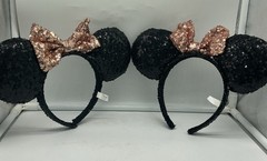 Lot of 2 Disney Parks Minnie Mouse Sequin Ears Black & Gold Bow Headbands