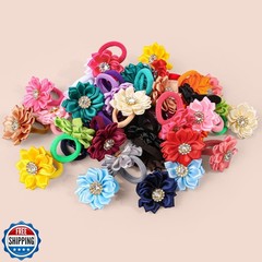 40pcs/set Baby Girls Flower Mini Hair Ties, Rhinestone Satin Hair Elastics fo