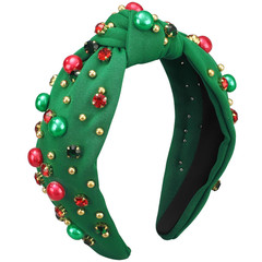 Green Christmas Headband Jeweled Bow Rhinestone Pearl Holiday Hair Accessory