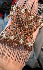 Beaded Faux Pearl Flower Metal Hair Comb Bronze, vintage