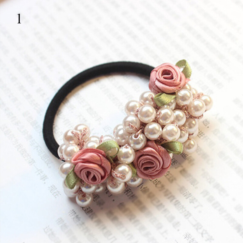 Women Sweet Scrunchies Pearls Flower Ponytail Holder Elastic Hair Bands Tie Rope