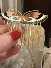 Butterfly Enamel Hair Comb Set Pair Gold Tone Metal Multicolor Decorative
