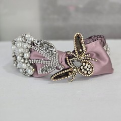 Elegant Bow Rhinestone Pearl Mesh Headband Pink Knotted Jeweled Hair Accessory