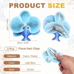 Orchid Flower Hair Clips (3.5 Inch) 3Pcs, Hair Flowers for Women, Light Blue