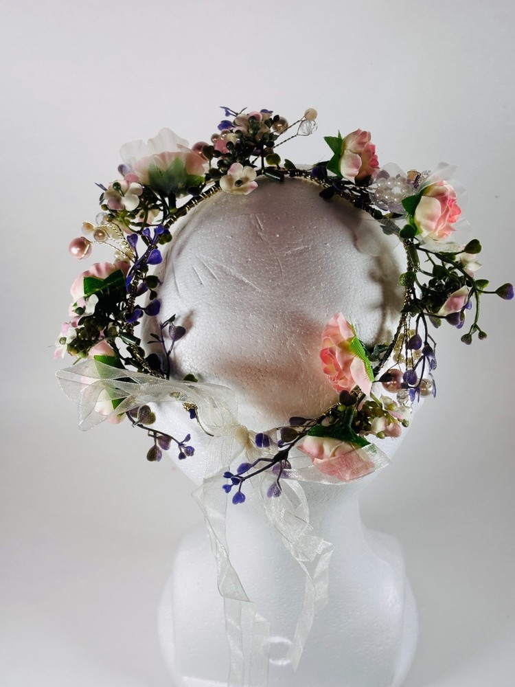 Flower Crown Headband Pink Rose Boho Bridal Hair Accessory Adjustable Ribbon FHA