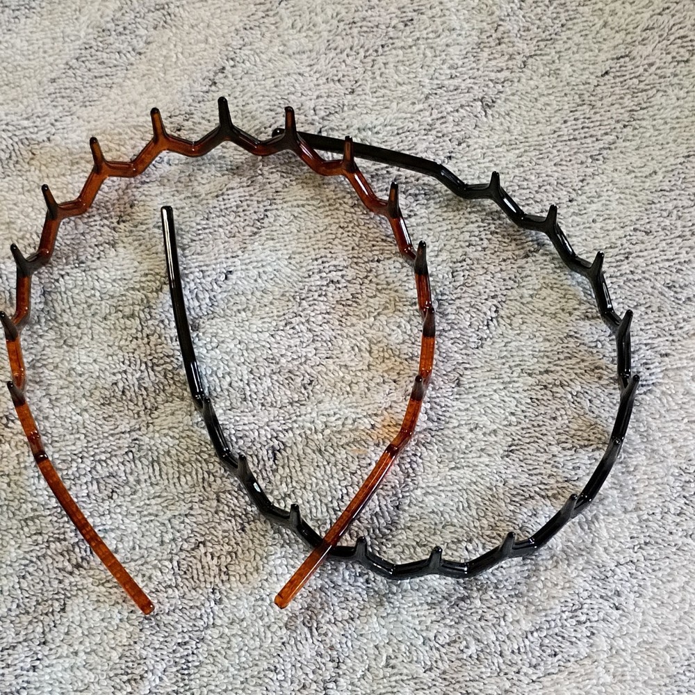 Qty 4 No-Slip Zig Zag Teeth Plastic Headbands Black & Brown 90s