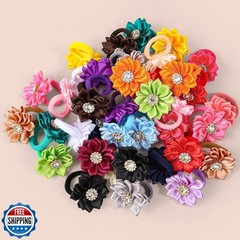 40pcs/set Baby Girls Flower Mini Hair Ties, Rhinestone Satin Hair Elastics fo
