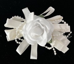 Vintage Small White Ribbon Hair Bow Barrette Updo Clip Faux Pearl & Flower