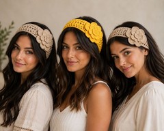 Crochet Knitted Headband With Flower Design Handmade 100% Cotton Set of 3