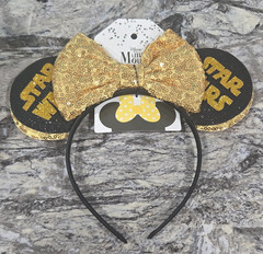Disney Minnie Mouse Ears Headband Star Wars Gold Sequin Bow, Black/Gold