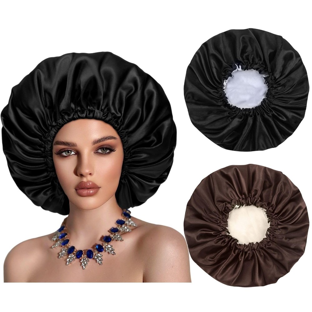 Satin Bonnet Silk Hair Cap: 2pcs Double Layer X-Large, Black+coffee