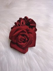 Rose Flower Hair Tie Wine Red Satin Scrunchie Hair Accessories Valentine Gift