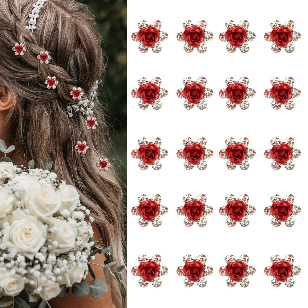 Red Rhinestone Hair Pins – 20Pcs Mini Rose Barrettes, Decorative Wedding Hair Ac