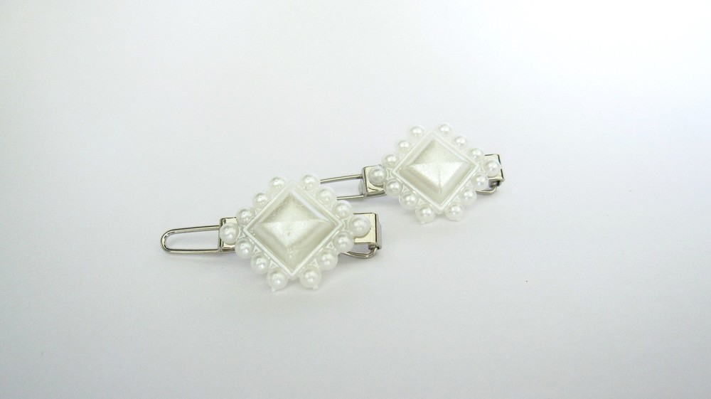 Two small tiny white pearl hair pin clip barrettes fine hair