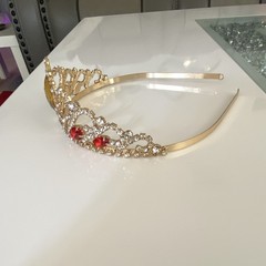 Gold Tone Rhinestone Crown Tiara Headband Red & Clear Stones Princess Formal