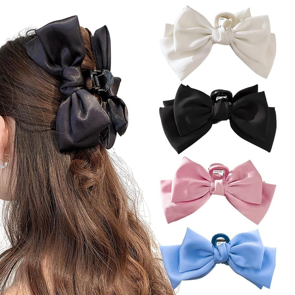 4 Pack Satin Bow Claw Clips for 1 Count (Pack of 4), Pink,White,Blue,Black