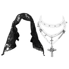 2PCs Gothic Rosary Cross Layered Necklace Veil Headdress for Halloween & Funeral