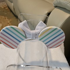 Mouse Ears Headband Striped Multicolor Fabric with White Bow, Lightweight