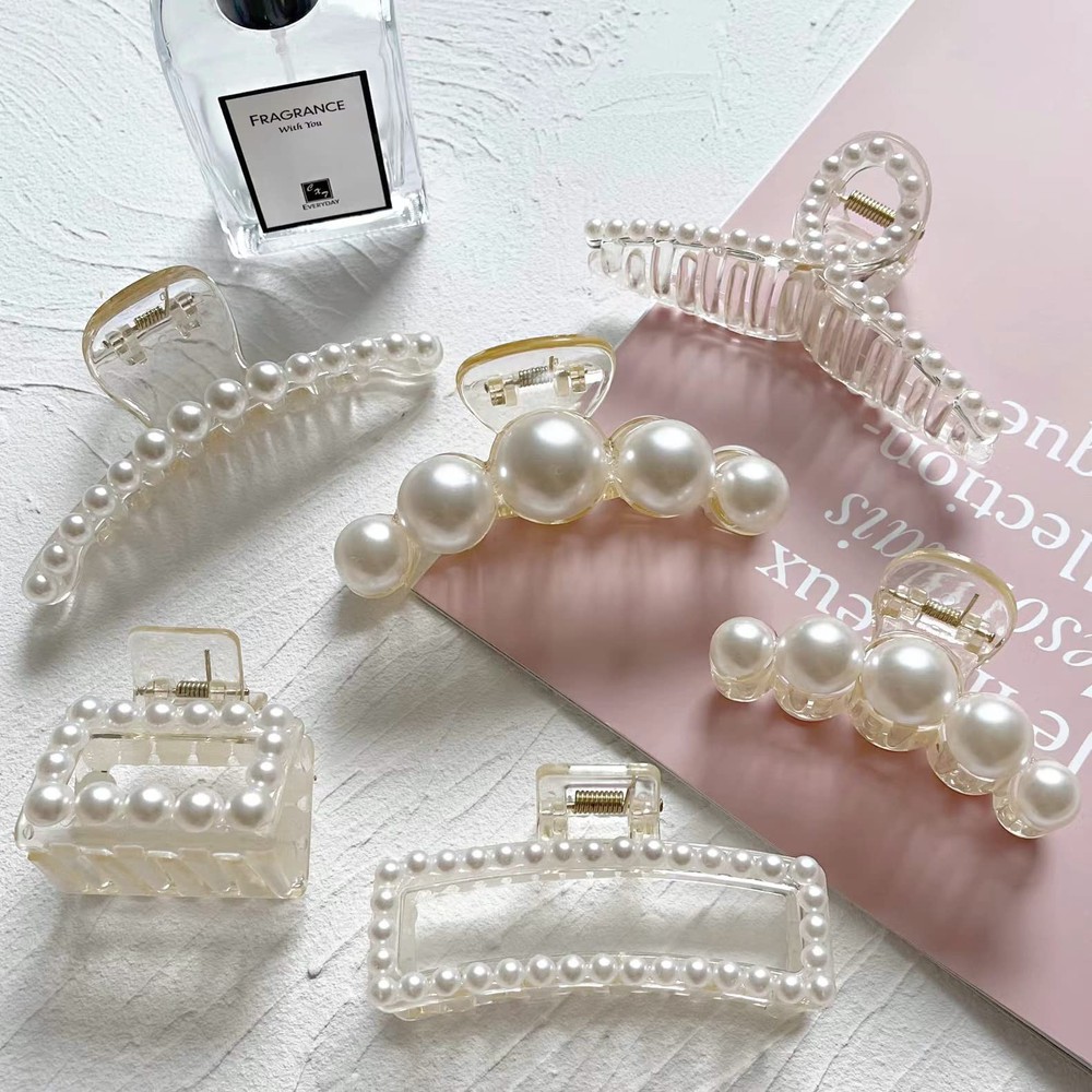 6 Pcs Pearl Hair Clips for Women Large Claw 1 Count (Pack of 1), white