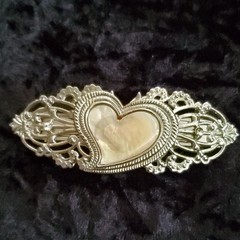 Silver Tone Metal ❤️ Filigree Barrette Hair Clip, Vintage, Yellow abalone Inlay