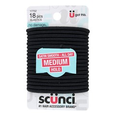 Scunci Satin Smooth No-Damage Hair Elastics, Medium Hold, Black, 18-Pieces