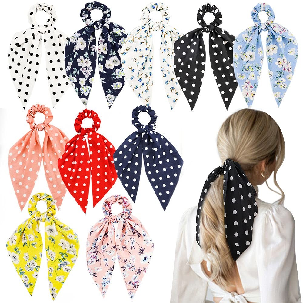 10Pcs Floral Chiffon Ribbon Polka Dots Scrunchies – Cute Bowknot Ponytail Holder