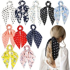 10Pcs Floral Chiffon Ribbon Polka Dots Scrunchies – Cute Bowknot Ponytail Holder