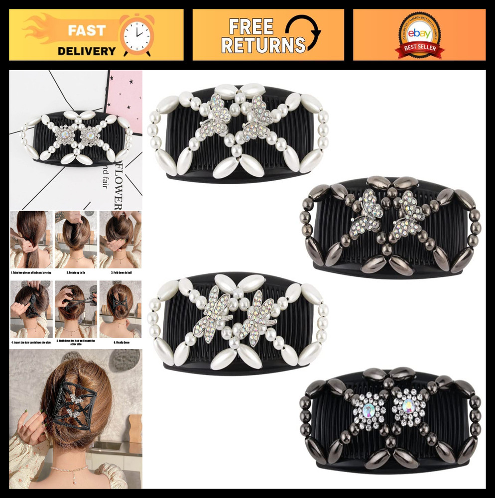 4Pcs Stretchy Beaded Hair Combs, Double Side Clips for Bun & DIY Hair Styling