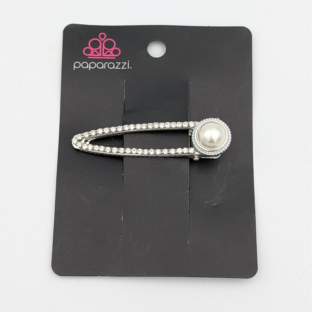 Paparazzi Silver Rhinestone Faux Pearl Hair Clip Snap Barrette Accessory New