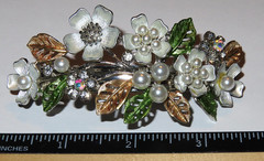 Colorful Flower Bunch Hair Clip Barrette w/Rhinestones Faux Pearls 3.75 inch