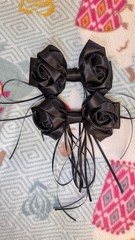Set of 2 Black Satin Rose Bow Hair Barrettes with Ribbon Tails, Metal Clip