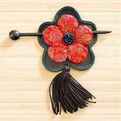 Chinese Brocade Hair Bun Cover Clip Red Fabric Flower with Tassel Vintage