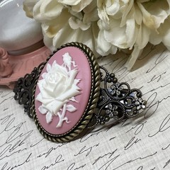 Pink & White Rose Cameo Flower Anniversary Wedding Pin Hair Clip Jewelry Comb