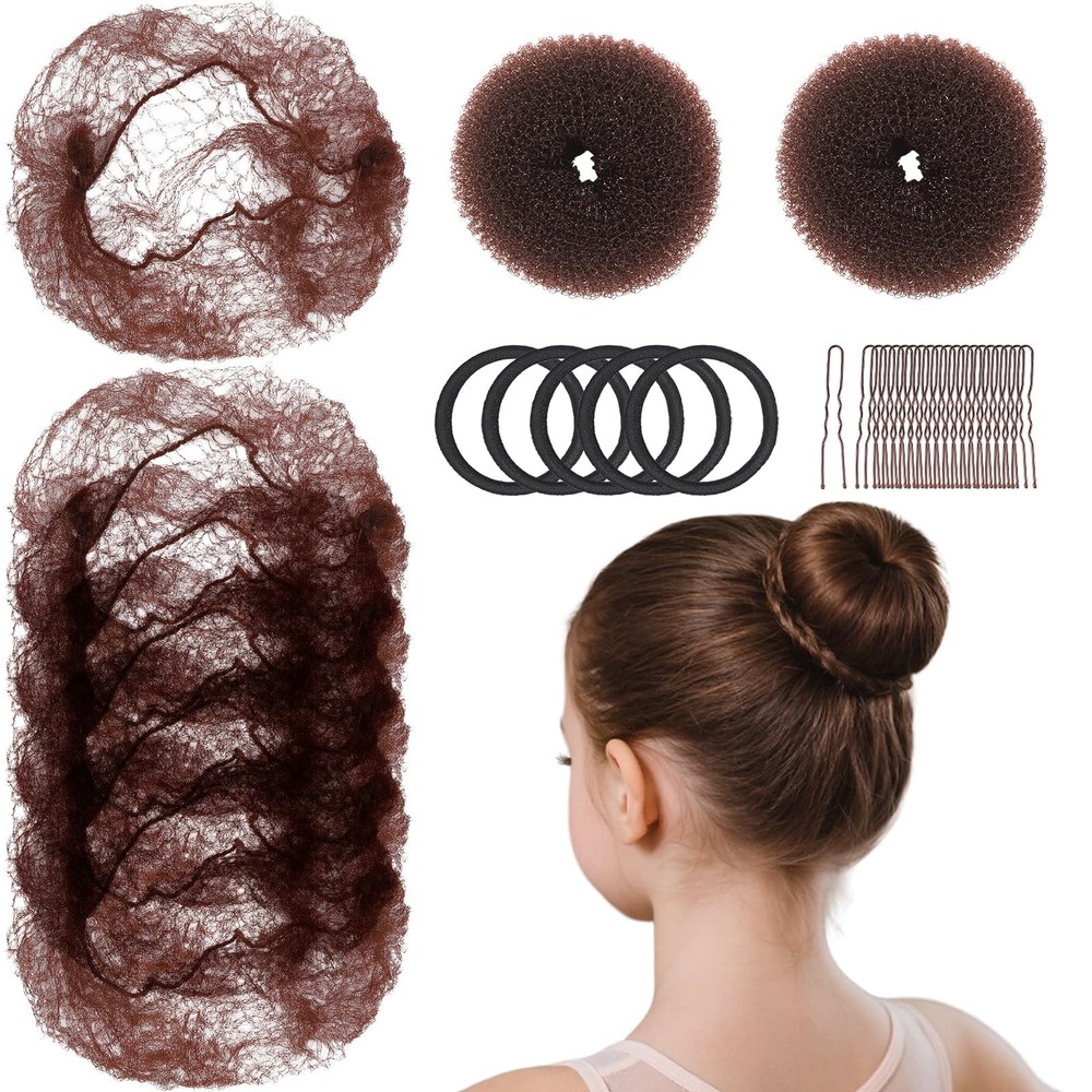 Teenitor Hair Net and Small Donut Bun Maker for Kids, 10 Small, Dark Brown