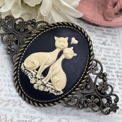 Large Cameo Hair Clip Barrette Wedding Birthday Gift Black Rose Cat Kitten Lover