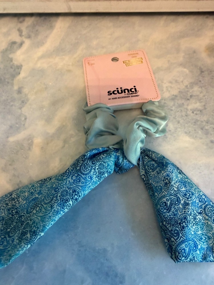 Light blue satin scrunchie by Scunci with blue paisley bow