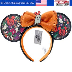 Disney-Park’s Minnie Halloween Ghost Sequin Bow Ears Headband Pumpkin NWT USA