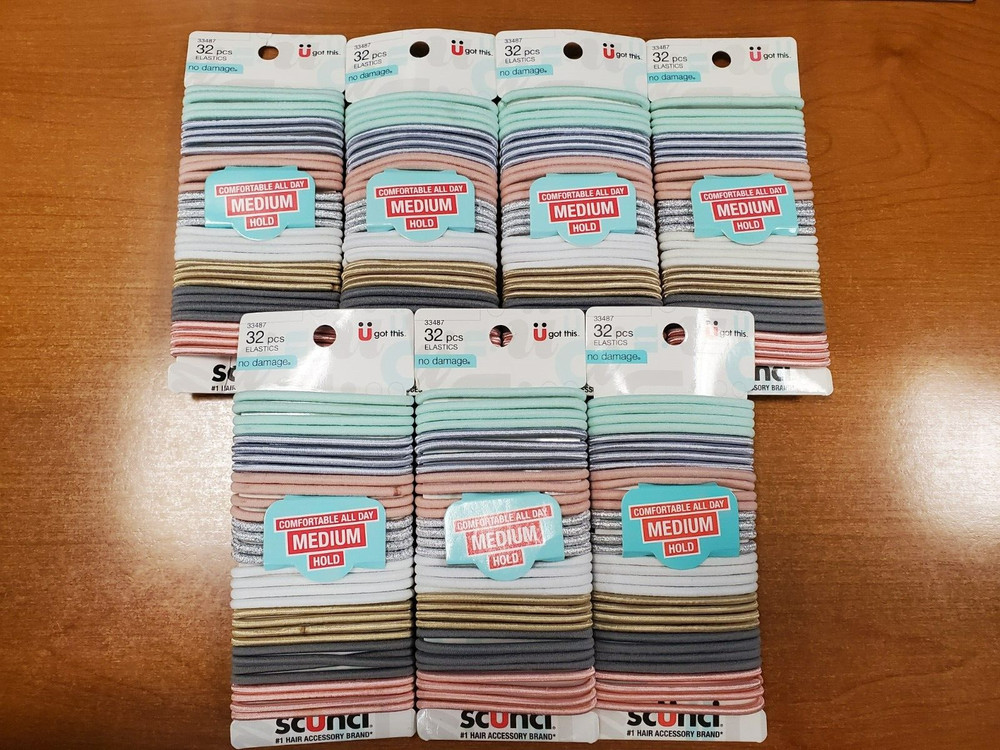 7 Pks of 32: Scunci Hair Elastics No Damage Pastel Colors Medium Hold (0B-1426)