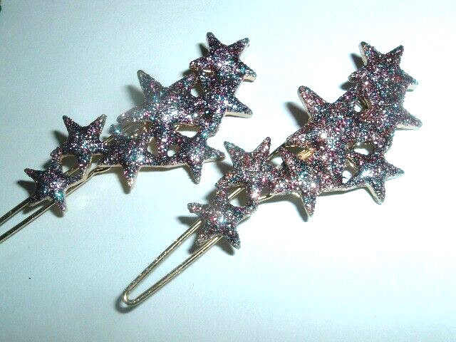 Vintage Pair Purple Glitter Stars 2″ Hair Clips Barrette