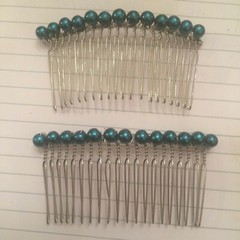 (2) Vintage Peacock BLUE Faux Glass Pearls Metal Hair Combs