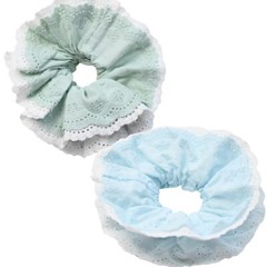 Double Layered Lace Scrunchies Green Blue Elastic Cotton Hair Ties Set