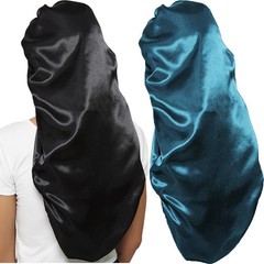 2 Pcs Hair Bonnets for Women Satin, Soft Elastic Band One Size, Black + Green