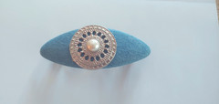 Vintage 1990s Blue Denim Hair Barrette with Silver Medallion w/Pearl Clip Style
