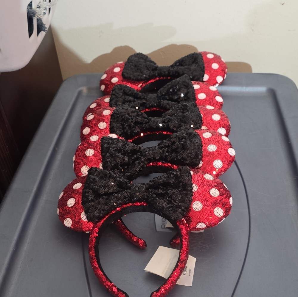 Minnie Mouse Red Polka Dot Sequined Ear Headband w/ Black Bow